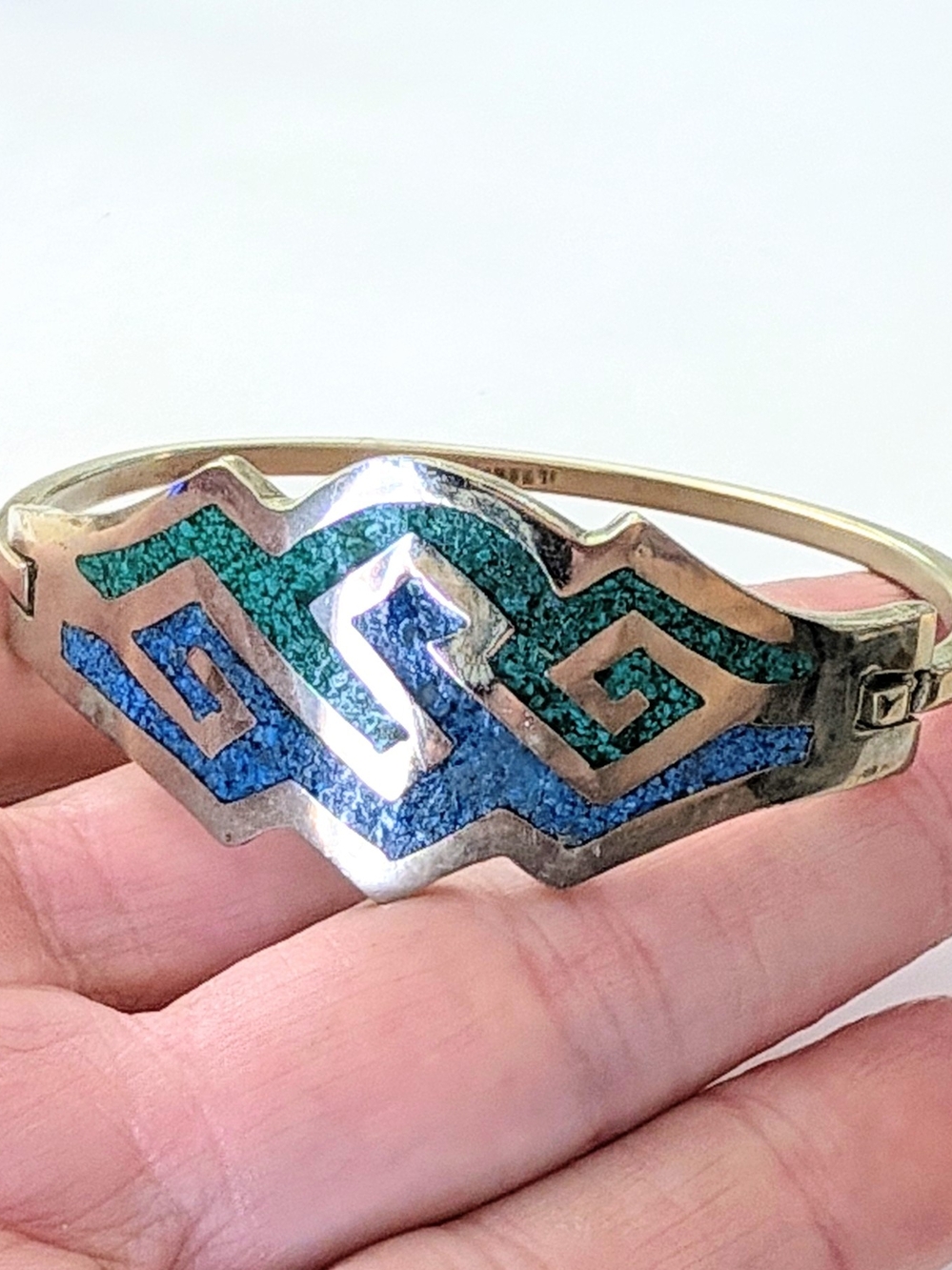 Alpaca Silver Green & Blue turquoise Inlay Design Bracelet Signed Mexico 7"